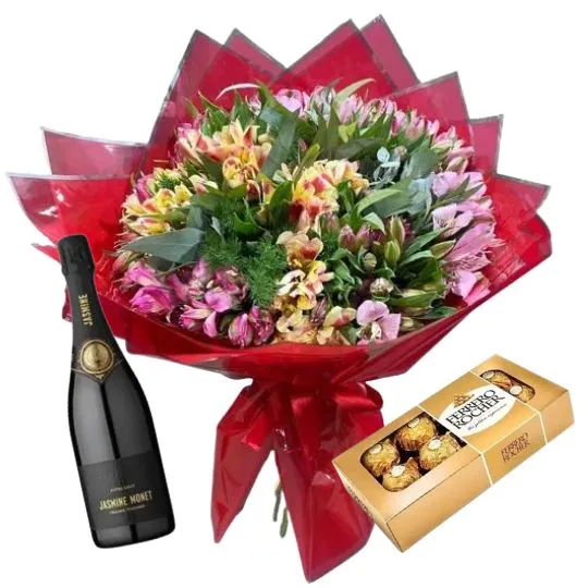 Ramo de flores astromelias con rocher x8 y espumante